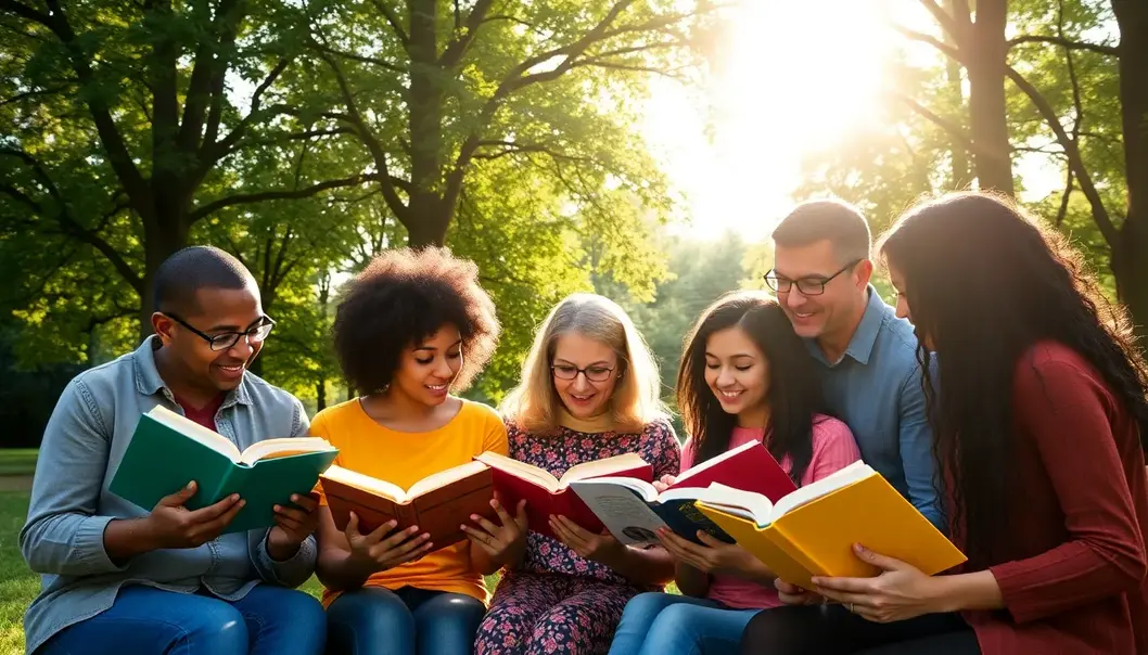 A group of parents reading various books outdoors, representing shared growth and learning.