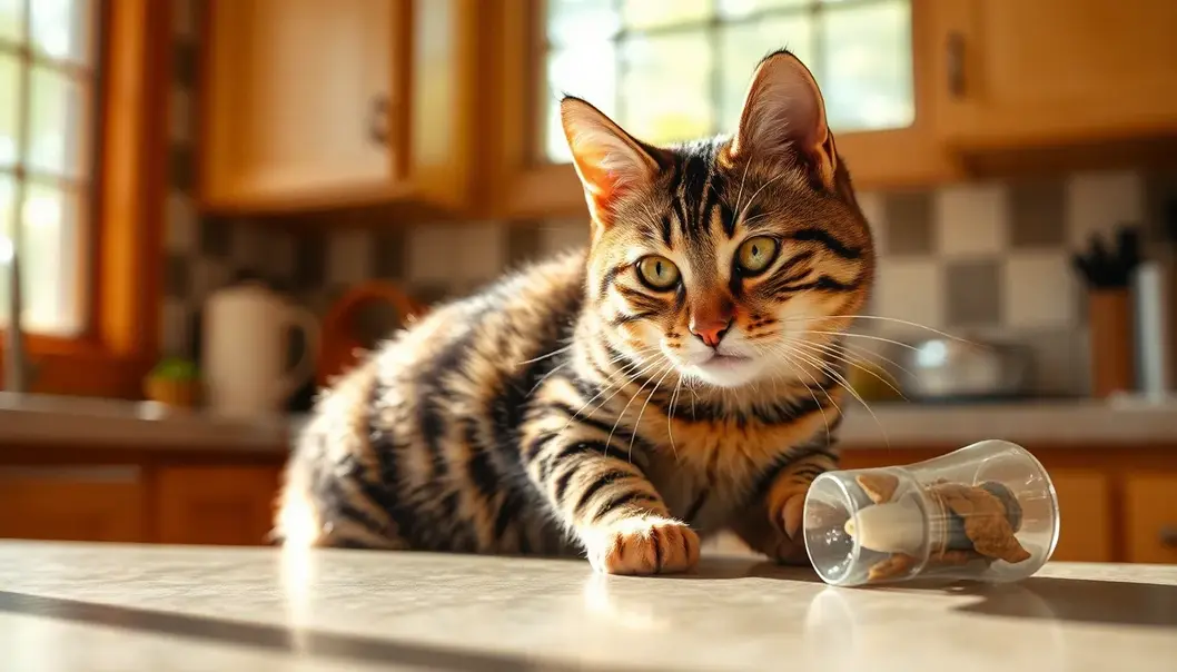 A tabby cat, mid-mischief, showcasing its natural instinct for playful chaos.